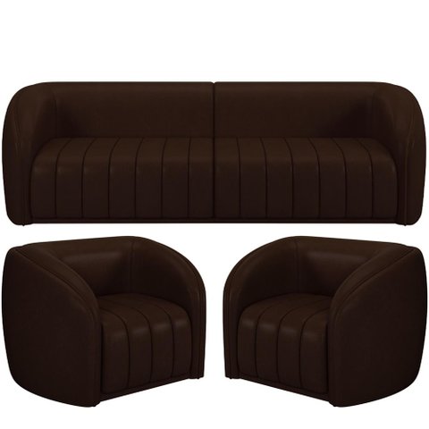 Kit Sofá 4 Lugares para Sala 292cm com 02 Poltronas Lazio M03 Corano Marrom - Lyam Decor