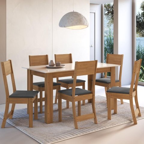 Conjunto Sala de Jantar Fidelitá Veneza com 6 Cadeiras Freijó/off-white Assento Grafite