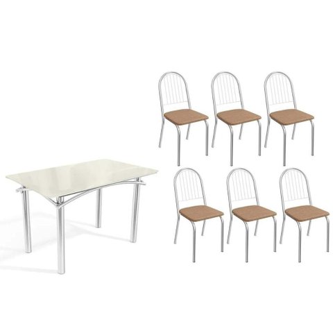 Conjunto: Mesa Sala Jantar Elba Tampo Madeirado C/ Vidro 120cm e 6 Cadeiras Noruega Cromada/off