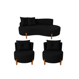 Conjunto 2 Poltronas + Sofá Curvo Orgânico Veludo Preto - Montanaris Decor - 1