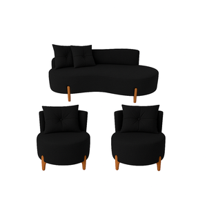 Conjunto 2 Poltronas + Sofá Curvo Orgânico Veludo Preto - Montanaris Decor