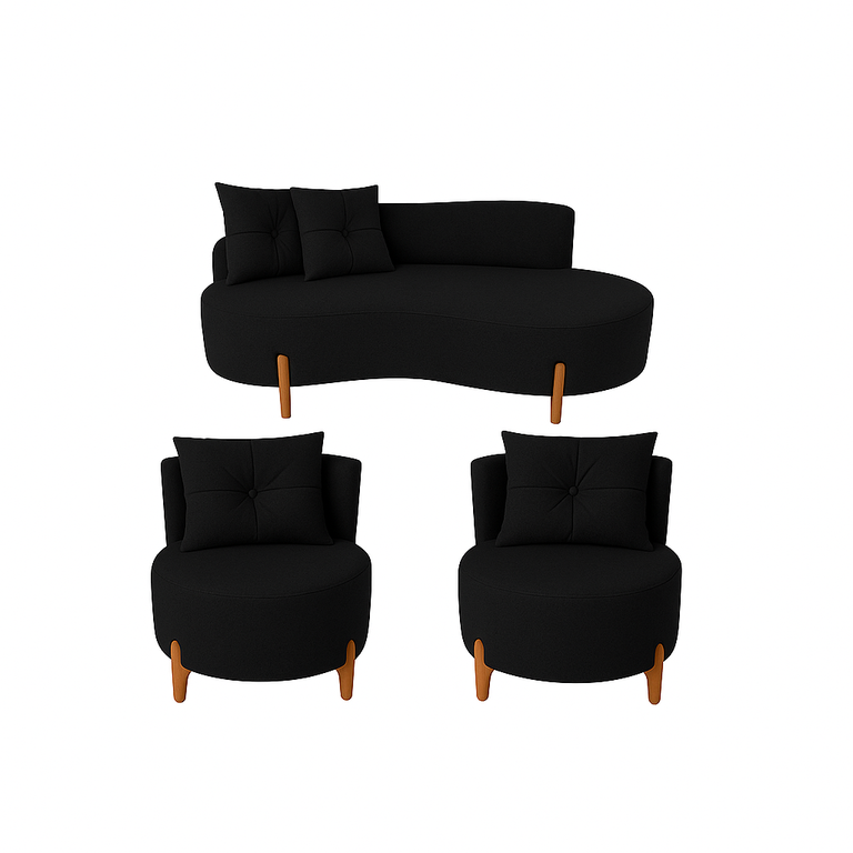 Conjunto 2 Poltronas + Sofá Curvo Orgânico Veludo Preto - Montanaris Decor
