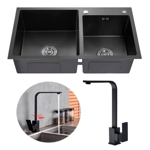 Kit Cuba Pia Gourmet Dupla Preta Cozinha Aço Inox e Torneira em L Slim Preto Brinovar