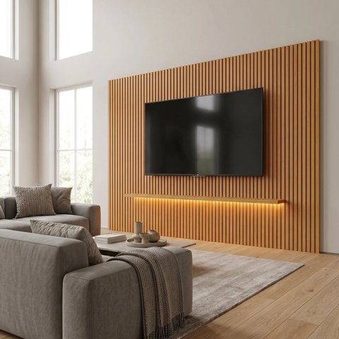 Painel Ripado para TV até 90 Polegadas com LED, 100% MDF 250x330cm Marrom Naturale Nobre