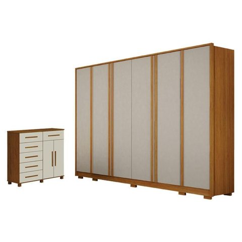 Guarda Roupa Casal Ares 6 Portas Cinamomo Off-white com Cômoda São Paulo 6 Gavetas 2 Portas Cinamomo