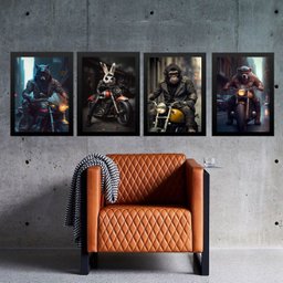 Kit 4 Quadros Motos - Animais Motociclistas 24x18cm:madeira Branca - 1