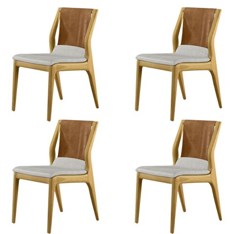 Kit 4 Cadeiras Decorativas Sala de Jantar Madeira Maciça Bruyne PU/Linho Marrom/Bege - Gran Belo