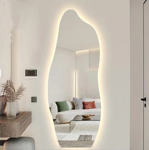 Espelho Grande Corpo Inteiro Lapidado Orgânico Decorativo 150x60cm Luxo com Led 3000k