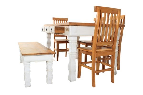 Conjunto Castilho Branco com 4 Cadeiras Chipre e Um Banco - Peroba Rosa - 6