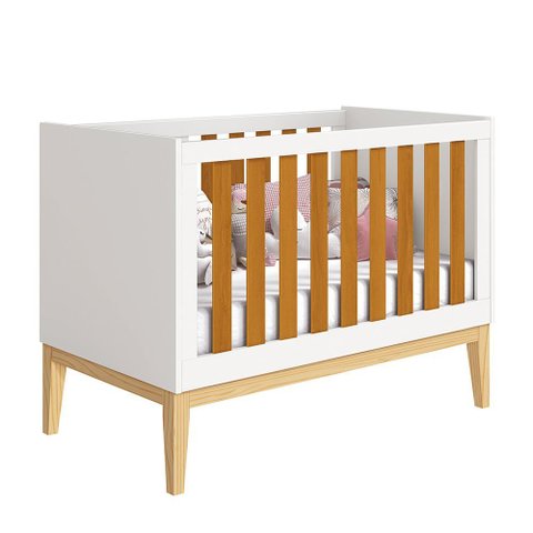 Berço Mini Cama Noah Square com Pés em Madeira Natural – Branco e Savana