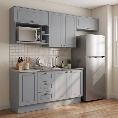 Cozinha Completa Modulada 5 Peças 100% MDF 7 Portas e Nicho para Microondas Branco/Calcare Emily