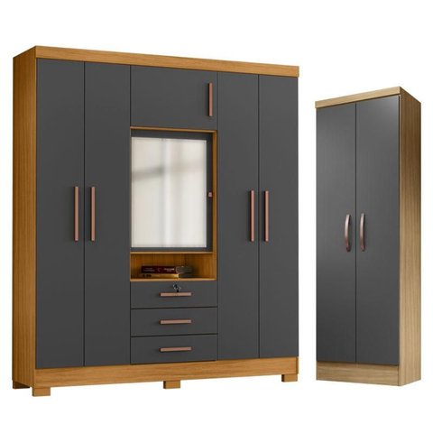 Guarda Roupa Casal Imperial e Armário Multiuso New Egito Carvalho Americano Grafite - Incorplac