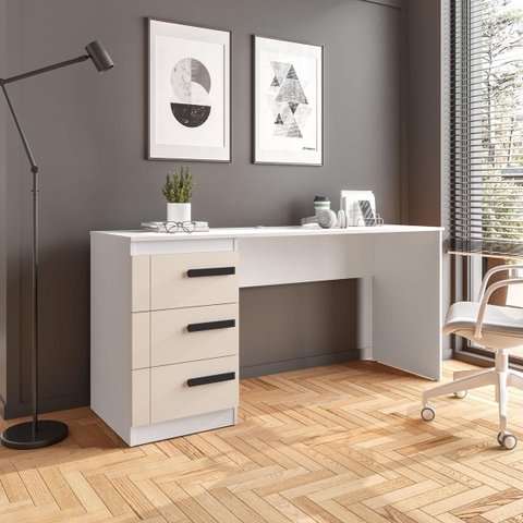 Mesa Escrivaninha Lisboa Escritório 3 Gavetas 163x77cm Creme/Branco 250689