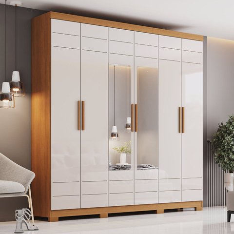 Guarda-Roupa Casal 2 Espelhos 6 Portas Flora Off White/Cinamomo