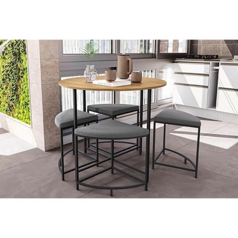 Mesa Jantar Li038 C/ Tampo Madeirado 90cm + 4banquetas Canela/preto Kappesberg