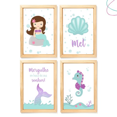 4 Quadro Decoração Quarto de Menina Sereia 33x43 com Vidro:pinus