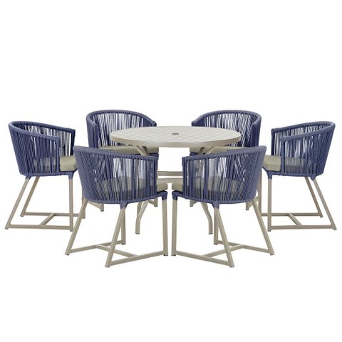Mesa com 6 Cadeiras de Jantar Roma 120cm e Noronha em Alumínio Fendi Corda Náutica Estofado 8 Trama
