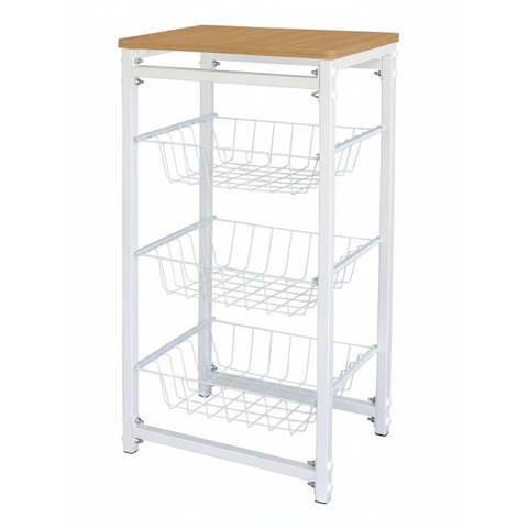 Fruteira de Chão 3 Cestos para Cozinha Tampo Madeira Mdf Modelo Florença Suporte Aço Branco/itaúba