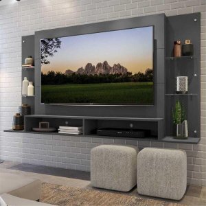 Painel TV até 60 Polegadas com Prateleiras de Vidro Grafite