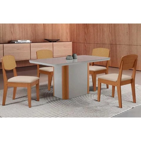 Sala de Jantar Completa Pietá c/ Tampo Madeirado c/ Vidro Canto Curvo 120x80cm e 4 Cadeiras Havana