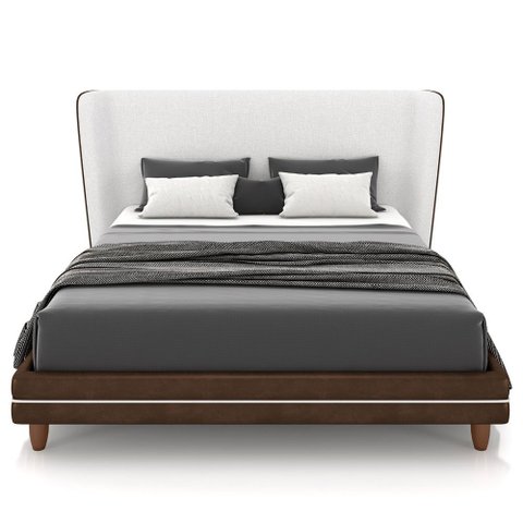 Cabeceira Queen Nilo 160cm com Cama Pés Madeira Suném P05 Couríssimo Marrom Bouclê Cru - Lyam Decor