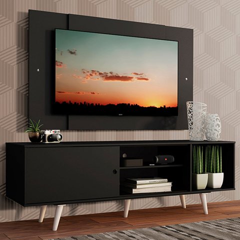 Rack Madesa Dubai com Pés e Painel para TV até 58 Polegadas Preto/Preto 8N77 Cor:Preto/Preto/Branco