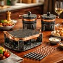 Ver imagem 1 de Chapa de Pedra Gourmet Fondue 31cm +2 Panelas 500ml +Rechaud 12 Peças