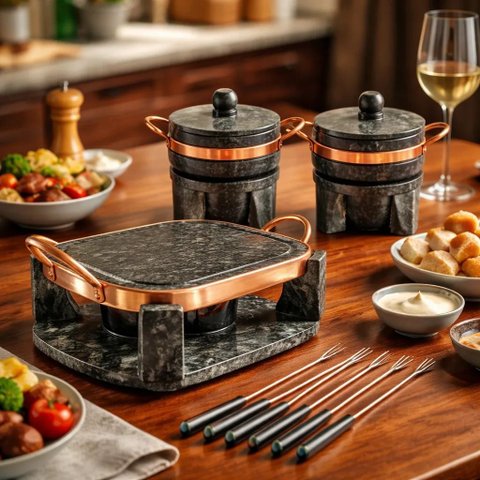 Chapa de Pedra Gourmet Fondue 31cm +2 Panelas 500ml +Rechaud 12 Peças