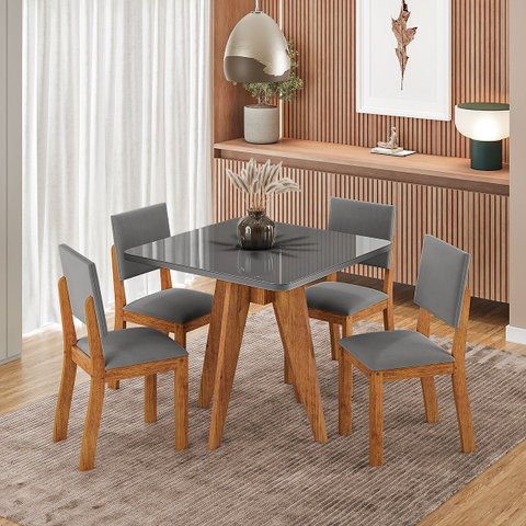 Conjunto Sala de Jantar 4 Lugares Quadrado Tampo de MDF/Vidro Dynna Cobre/Vidro Grafite/Cinza- Casa 