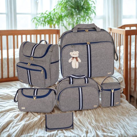 Kit Bolsa Maternidade 6 Peças com Mochila 2 em 1 Porta Mamadeira Térmico e Trocador Amor:azul Marinh