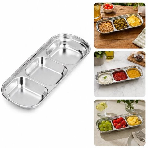 Petisqueira Inox 3 Divisorias Porta Couvert Molho Petisco Frios Cumbuca Amedoim Multiuso Molheira Ti