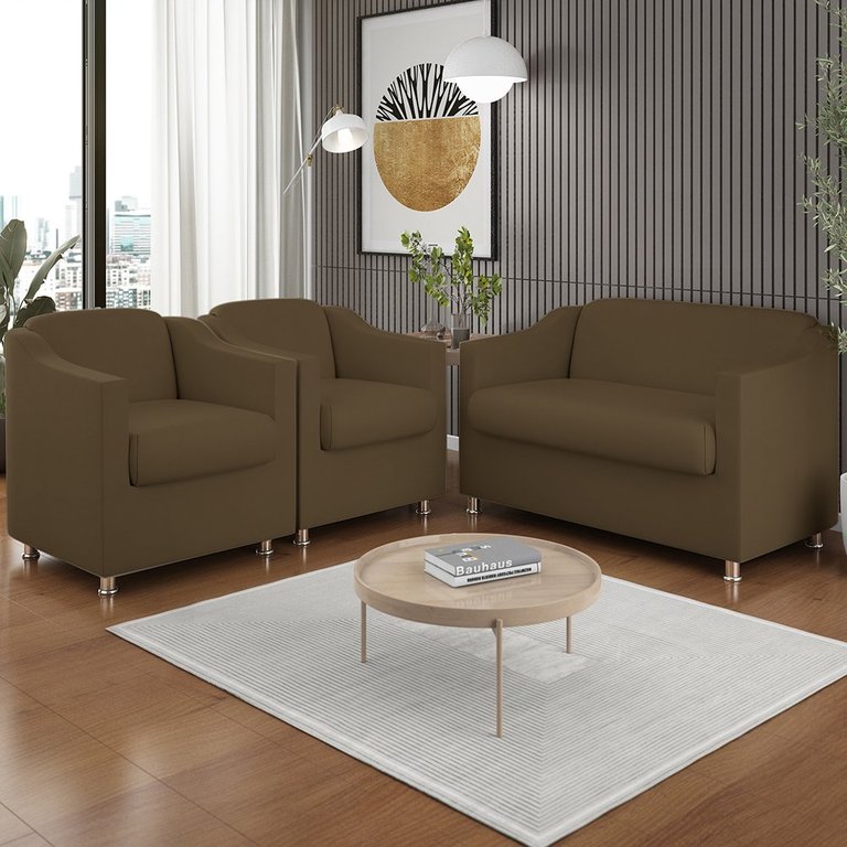 Kit 2 Poltronas Decorativas Tilla + Namoradeira Sala De Estar Cor:Marrom