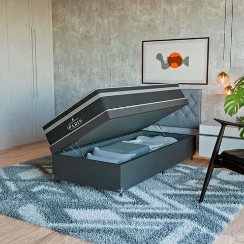 Cama Box Baú Solteiro Couro Preto + Colchão Paris Preto Couro Preto/preto