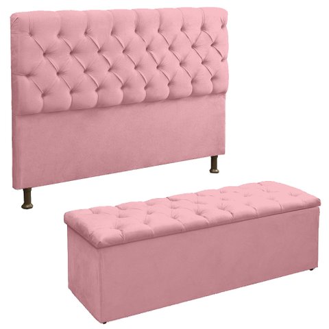 Cabeceira e Recamier Baú Lana para Cama Box Casal 1.40 - Suede - Sv Decor:rosa
