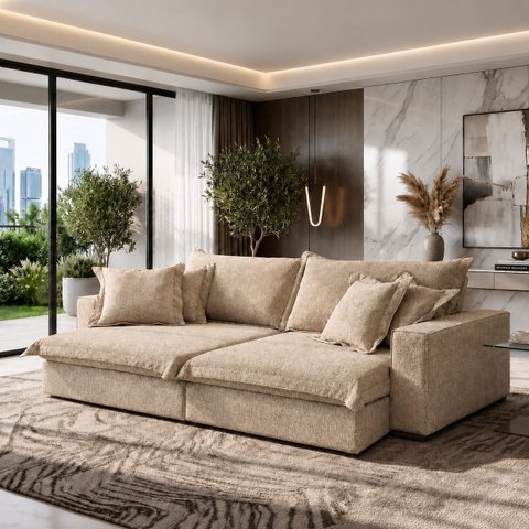 Sofá Retrátil Reclinável Luxury 2,40m Molas Ensacadas Boucle - Bege