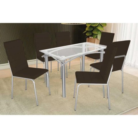 Conjunto: Mesa Sala Jantar Elba C/ Tampo de Vidro 120cm e 6 Cadeiras Amsterdã Cromada - Courano