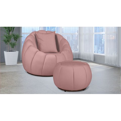 Kit Poltrona Decorativa C/ Puff + Almofada Concha Veludo Rosa - Londrilar