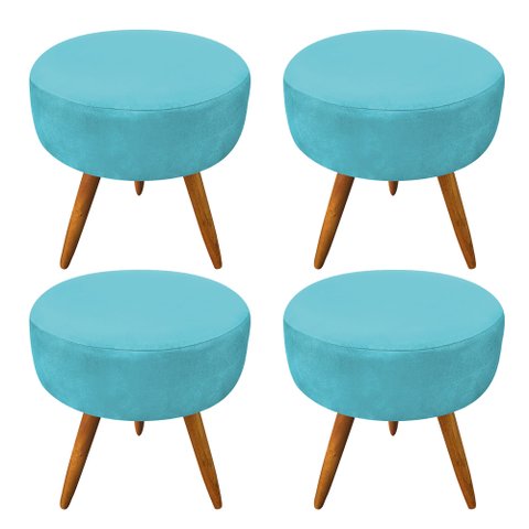 Kit 4 Puffs Banqueta Redonda Nina Suede Pés Palito Castanho - Pallazio - Azul Turquesa