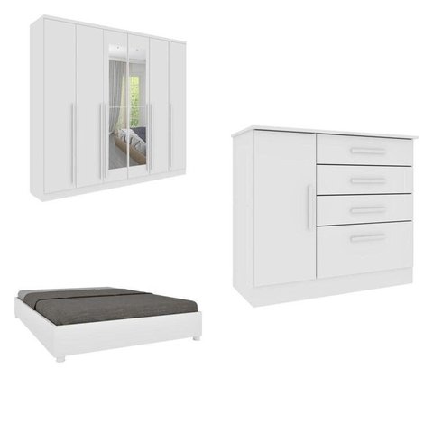 Conjunto Guarda Roupa Casal com Puxador MDF Portugal com Espelho, Cama Casal Monaco e Cômoda Chicago