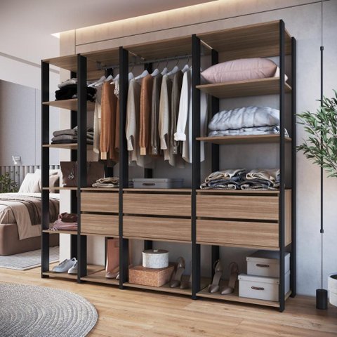 Guarda-Roupa Closet Modulado com 6 Gavetas 200cm Multimóveis Crpro-CLO007 Preto/Madeirado