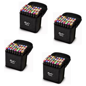 Caneta Canetinhas Permanente 48 Cores Ponta Dupla Kit 4 Unidades Estojo Bolsa com Alça Marcador Arte