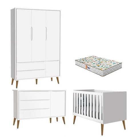 Quarto de Bebê 3 Portas Theo Branco Pés Amadeirados com Colchão Gazin – Reller