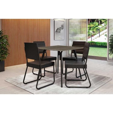 Sala de Jantar Completa 1569 Aço C/ Tampo Madeirado 90x90cm e 4 Cadeiras 1736 Preto/legno - Preto