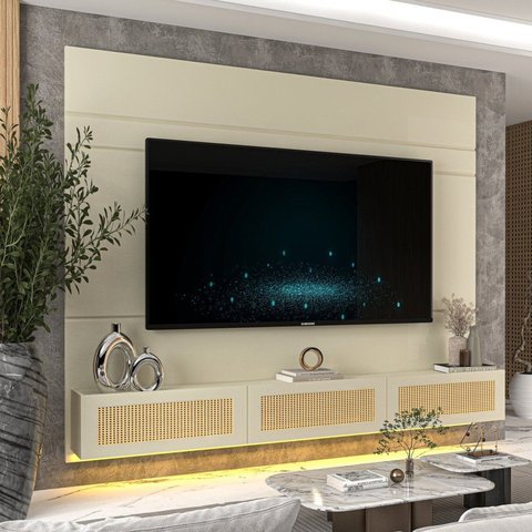 Estante Home para TV até 85 Polegadas com LED e Portas Rattan 100% MDF 217CMX217CM Luminare Native Off White