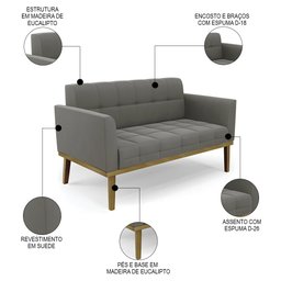 Sofá Namoradeira Base Madeira Castanho Ana Suede Grafite - Ibiza - 3