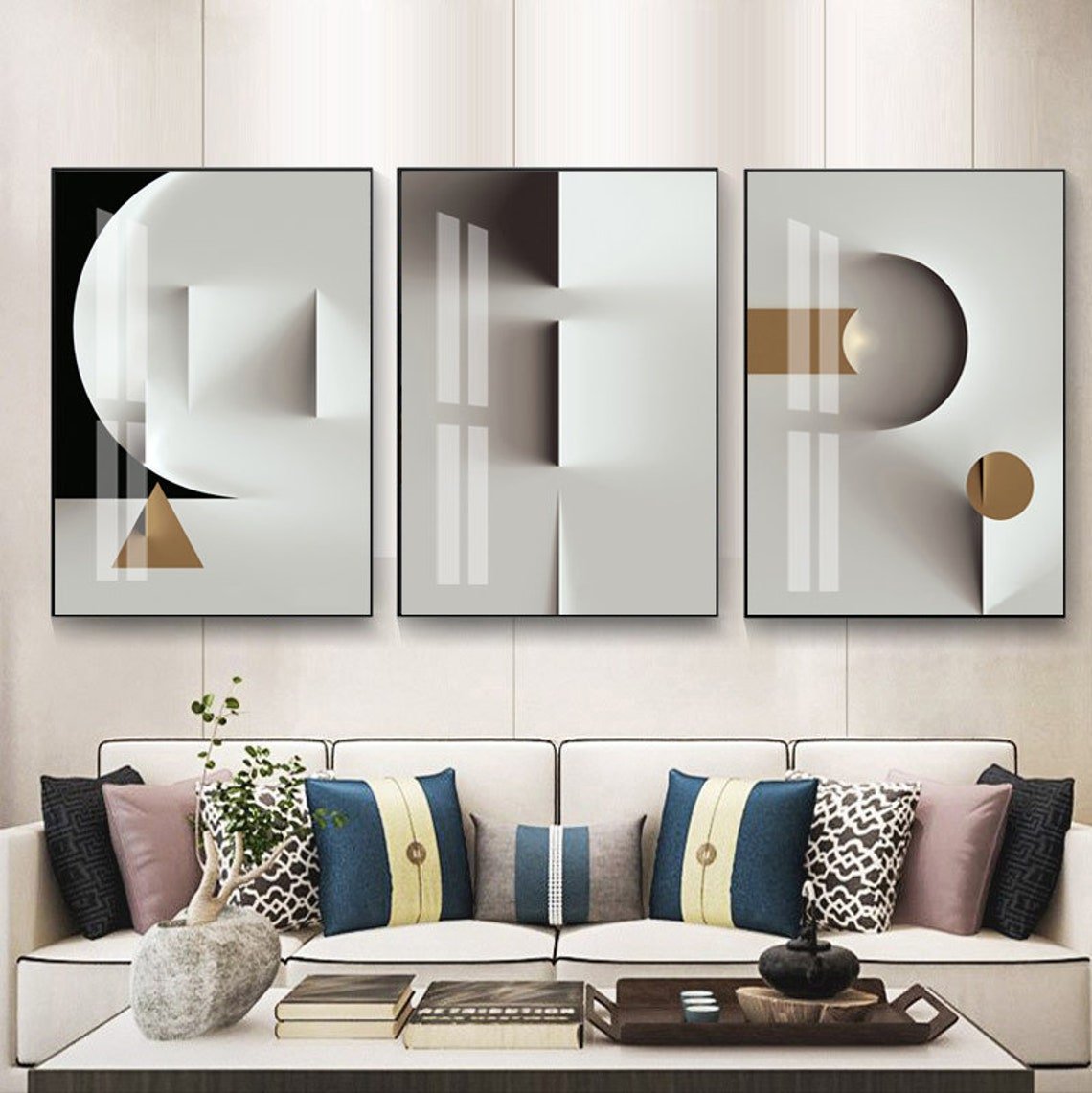 Quadros Triplos Abstratos Sala Quarto com vidro - 2