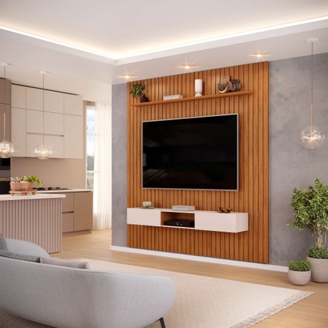 Painel Ripado com Bancada Suspensa para Tv até 75 Polegadas 2230x2400 Trento Freijó/off White - Dj M