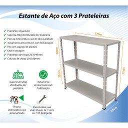 Estante de Aço 3 Prateleiras 25cm Multiuso Cinza - 2