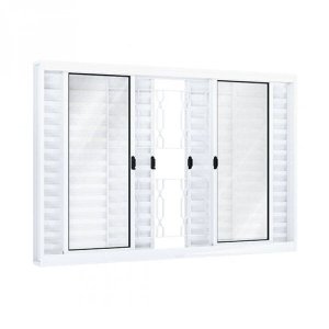 Janela de Aço Veneziana de Correr 100x120cm 6 Folhas com Grade Mosaico Riobras Branco