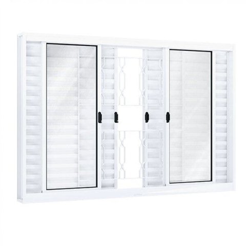 Janela de Aço Veneziana de Correr 100x150cm 6 Folhas com Grade Mosaico Riobras Branco